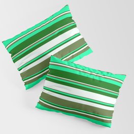 [ Thumbnail: Green, Dark Green, Mint Cream, and Dark Olive Green Colored Stripes/Lines Pattern Pillow Sham ]