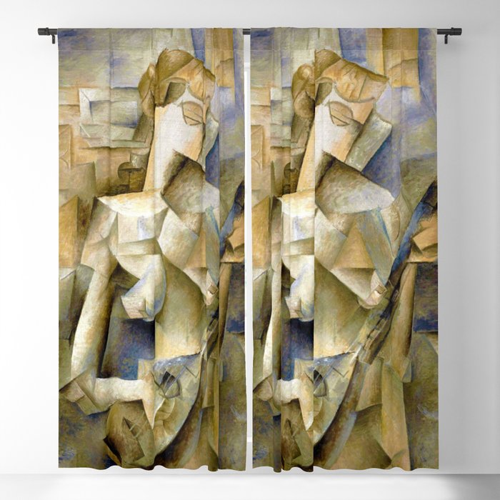 Pablo Picasso, Girl with a Mandolin (Fanny Tellier), oil on canvas portrait cubism cubist painting for home, wall, and bedroom decor Blackout Curtain