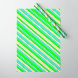 [ Thumbnail: Turquoise, Lime & Tan Colored Lined Pattern Wrapping Paper ]