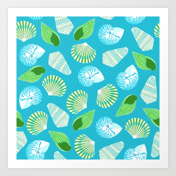 Lime Green Mix Shell Pattern on Blue Background Art Print