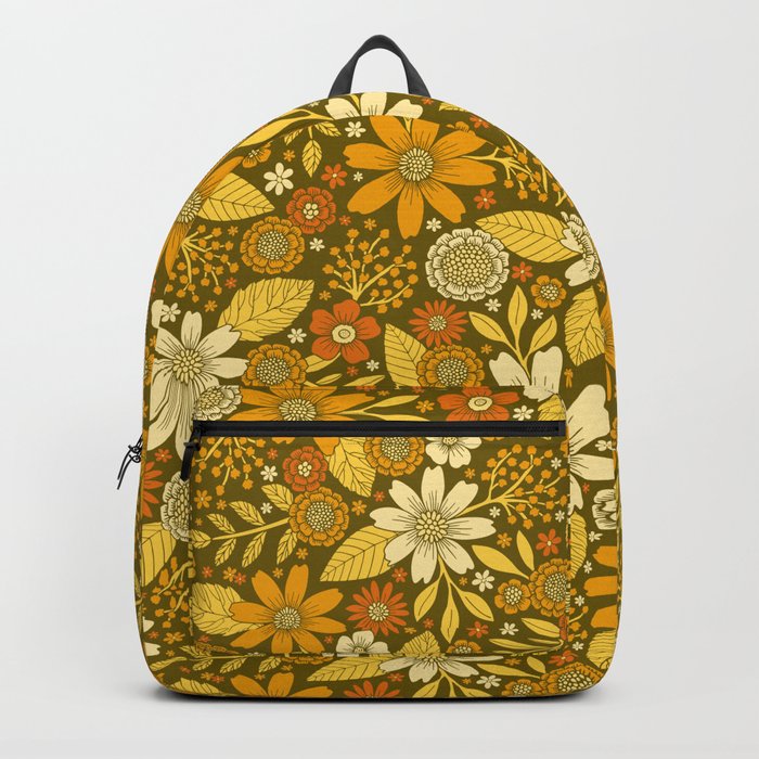 1970s Retro Flowers Pattern in Yellow, Orange & Olive Green Backpack