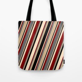 [ Thumbnail: Dim Grey, Tan, Black, Bisque & Maroon Colored Pattern of Stripes Tote Bag ]
