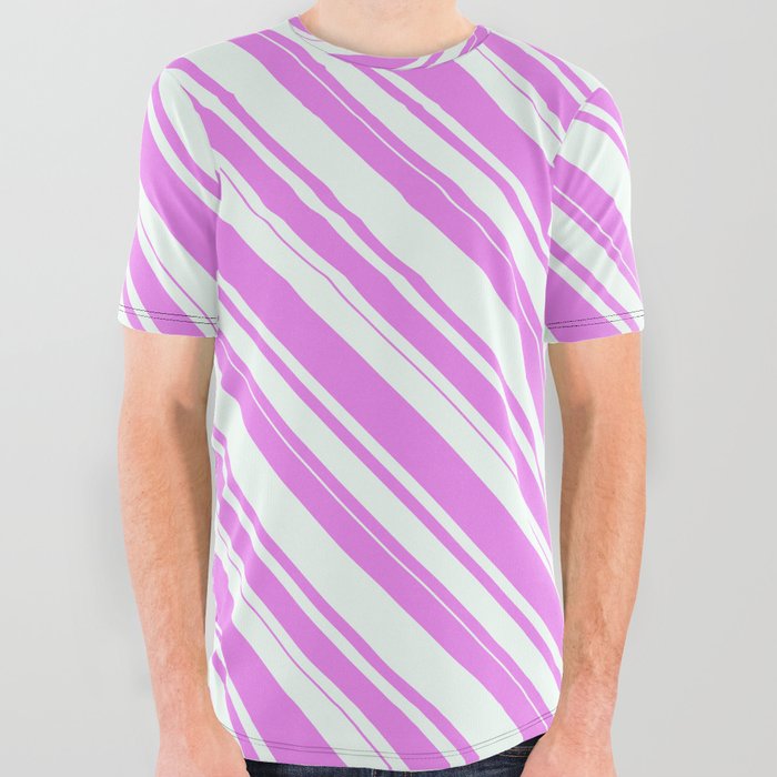 Violet & Mint Cream Colored Striped/Lined Pattern All Over Graphic Tee