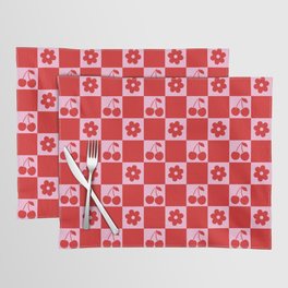 Cherry Flowers Pink & Red Checker Placemat