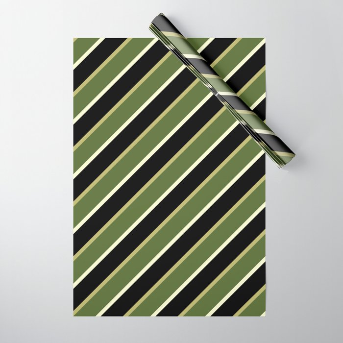 Dark Khaki, Dark Olive Green, Light Yellow & Black Colored Stripes/Lines Pattern Wrapping Paper
