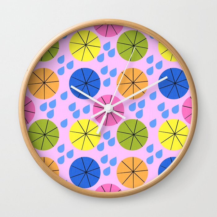 Mid-Century Modern Spring Rainy Day Umbrellas Pink Wall Clock
