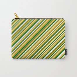 [ Thumbnail: Vibrant Green, Tan, Goldenrod, Dark Green & White Colored Pattern of Stripes Carry-All Pouch ]