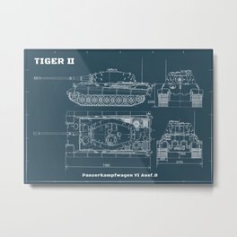 Tiger 2 II Main battle tank blueprint level WW2 Germany army blue Metal Print