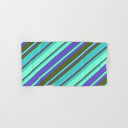 [ Thumbnail: Aquamarine, Slate Blue, Dark Olive Green, and Turquoise Colored Lines Pattern Hand & Bath Towel ]