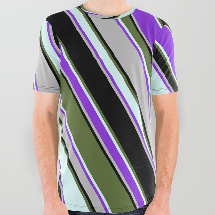 Colorful Dark Olive Green, Light Cyan, Purple, Grey, and Black Colored Lined/Striped Pattern All Over Graphic Tee