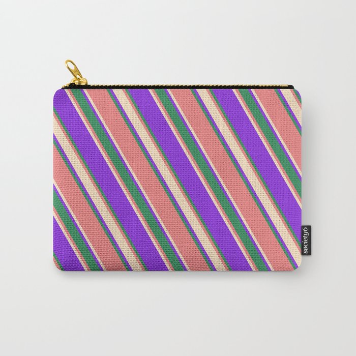 Purple, Sea Green, Light Coral, and Bisque Colored Lined/Striped Pattern Carry-All Pouch