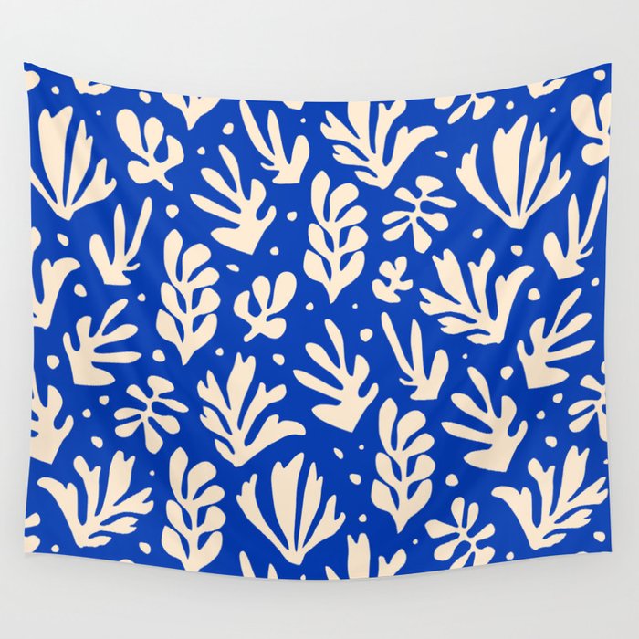 matisse pattern with leaves in blu Wall Tapestry