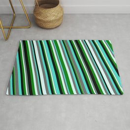 [ Thumbnail: Eyecatching Turquoise, Dim Grey, Light Cyan, Green & Black Colored Striped Pattern Rug ]