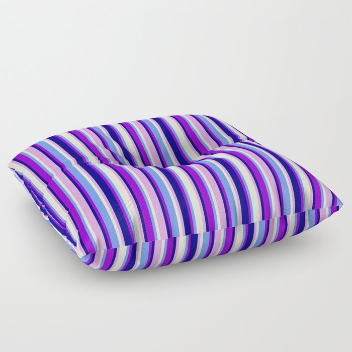 Colorful Blue, Dark Violet, Cornflower Blue, Beige, and Plum Colored Lined Pattern Floor Pillow
