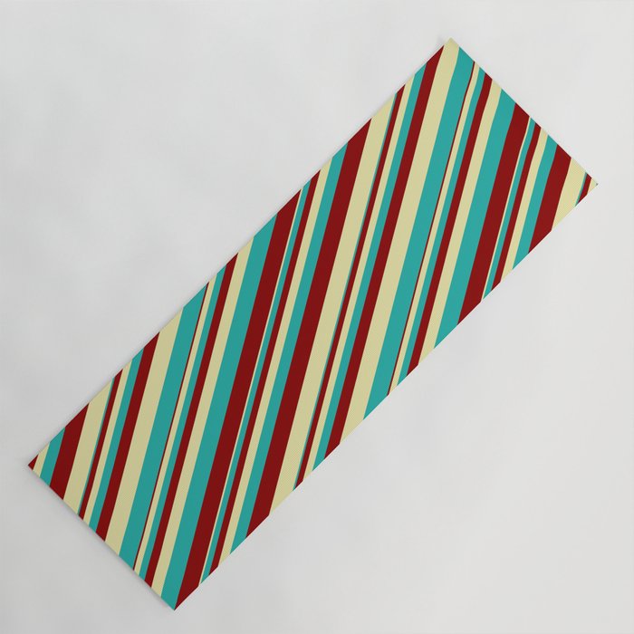 Pale Goldenrod, Light Sea Green, and Dark Red Colored Striped Pattern Yoga Mat