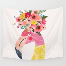 Pink flamingo with flowers on head Wall Tapestry