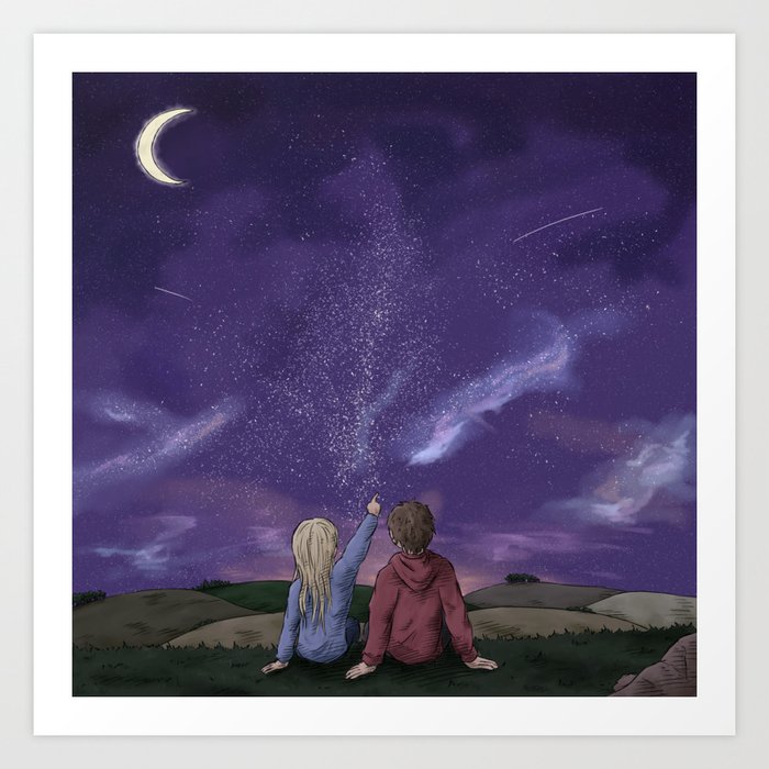 Couple Friends Stargazing Galaxy Night Art Print