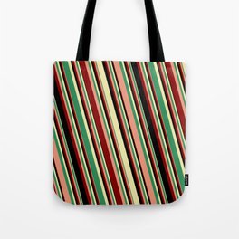[ Thumbnail: Vibrant Pale Goldenrod, Sea Green, Dark Salmon, Maroon, and Black Colored Striped Pattern Tote Bag ]
