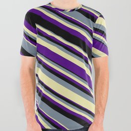 [ Thumbnail: Light Slate Gray, Pale Goldenrod, Indigo, and Black Colored Lined/Striped Pattern All Over Graphic Tee ]
