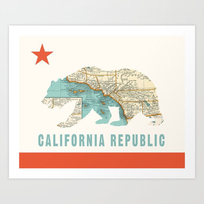 California Bear Flag with Vintage Map Art Print