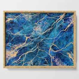 Ripples of Midnight Blue + Gold Marble Abstract Art Serving Tray