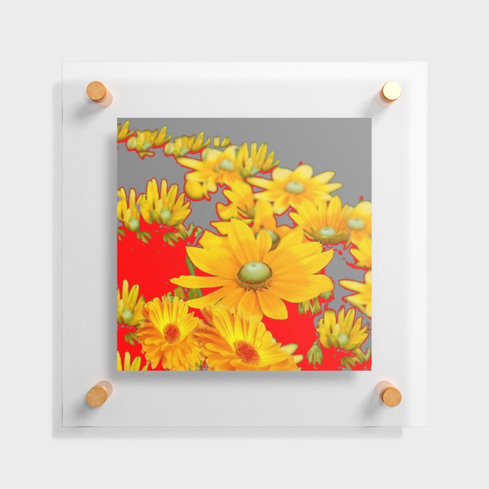 MODERN YELLOW FLOWERS GREY-RED ART Floating Acrylic Print