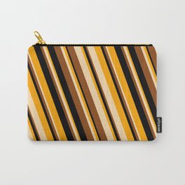 [ Thumbnail: Orange, Tan, Brown, and Black Colored Striped Pattern Carry-All Pouch ]