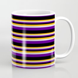 [ Thumbnail: Orange, Light Grey, Indigo & Black Colored Pattern of Stripes Coffee Mug ]