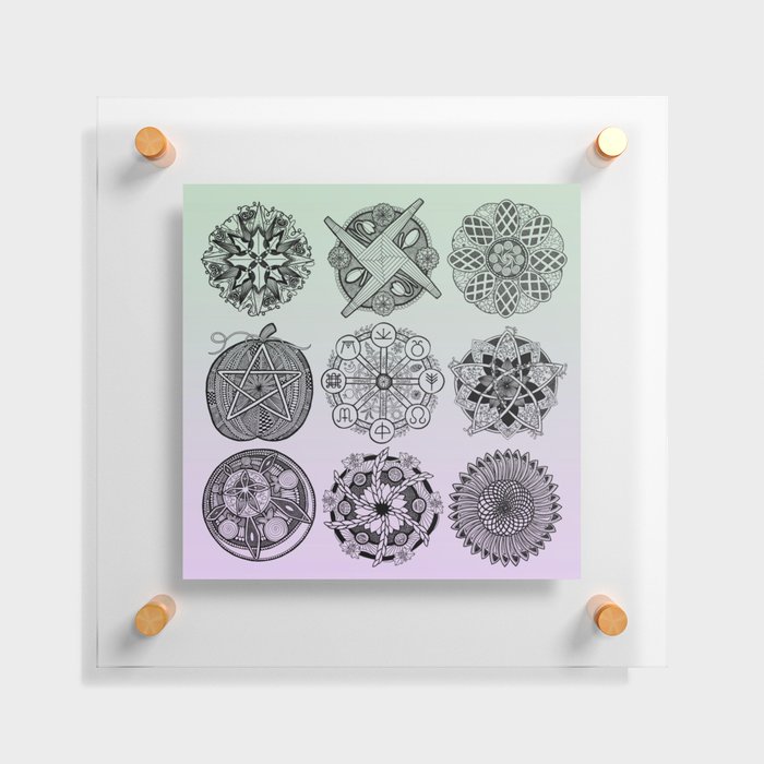 The Wheel Of The Year Mandala Set, Green And Purple Floating Acrylic Print