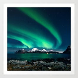Norway Photography - Green Northern Lights Over Snowy Mountains Art Print