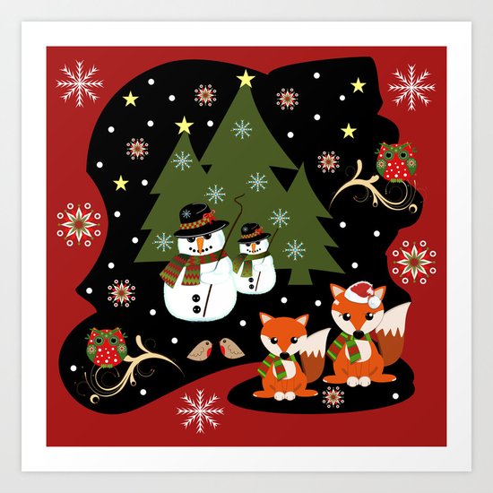 Christmas with owls, foxes and snowmen holidaze Art Print
