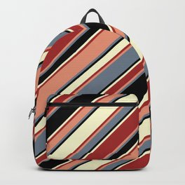 [ Thumbnail: Vibrant Dark Salmon, Slate Gray, Black, Light Yellow, and Brown Colored Lines/Stripes Pattern Backpack ]
