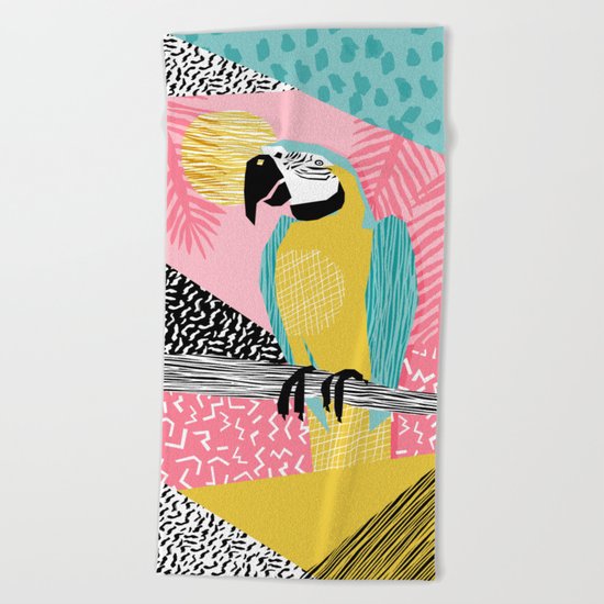Holy Moly - memphis throwback retro neon bird macaw tropical island pop art bird watching 1980s Beach Towel
