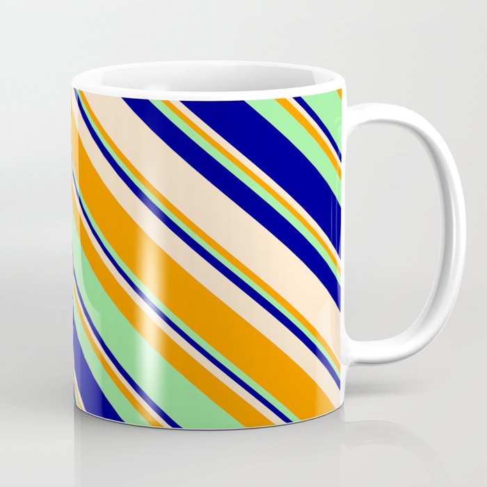 Light Green, Blue, Bisque, and Dark Orange Colored Stripes/Lines Pattern Coffee Mug