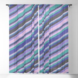 [ Thumbnail: Vibrant Slate Blue, Plum, Dark Cyan, Dark Blue & Black Colored Lines/Stripes Pattern Sheer Curtain ]