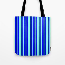 [ Thumbnail: Blue & Aquamarine Colored Striped Pattern Tote Bag ]