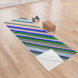 [ Thumbnail: Colorful Blue, Green, Grey, Light Blue, and Brown Colored Stripes Pattern Yoga Towel ]