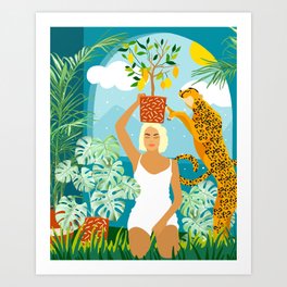 Bring The Jungle Home Illustration, Tropical Cheetah Wild Cat & Woman Painting Art Print