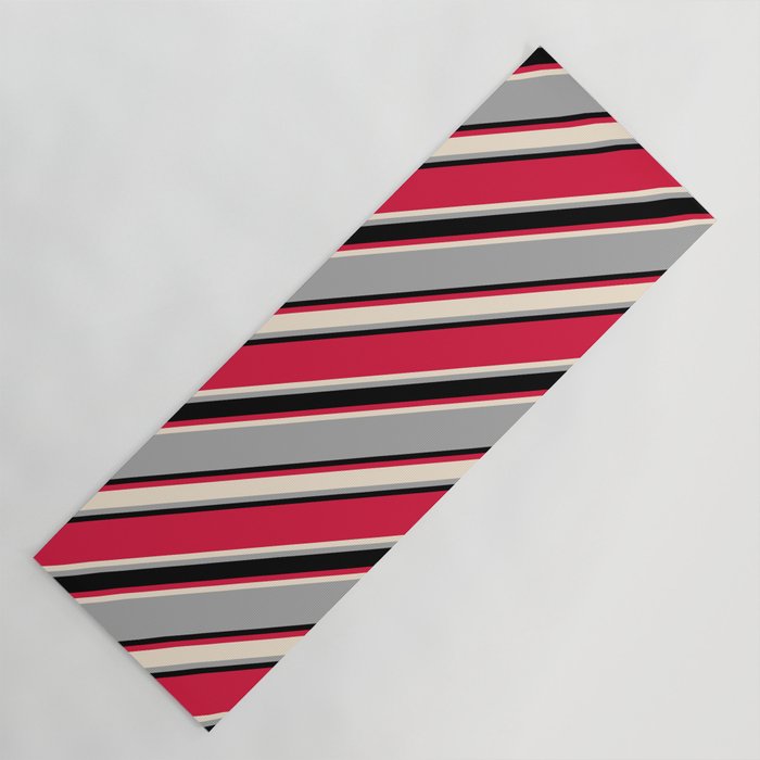 Crimson, Beige, Dark Grey, and Black Colored Lined/Striped Pattern Yoga Mat