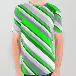 [ Thumbnail: Eyecatching Light Gray, Light Slate Gray, Lime, Green, and White Colored Striped Pattern All Over Graphic Tee ]