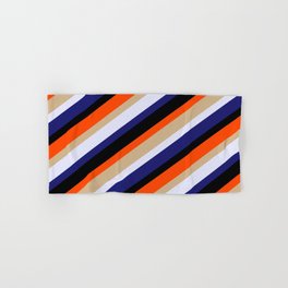 [ Thumbnail: Eyecatching Red, Tan, Lavender, Midnight Blue, and Black Colored Lines/Stripes Pattern Hand & Bath Towel ]