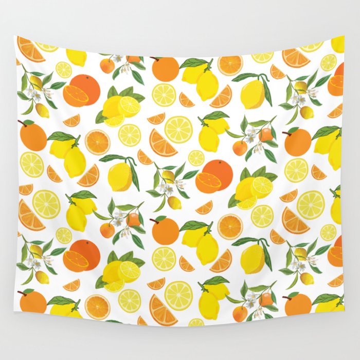 Oranges Lemons Citrus Fruits Repeat Pattern Wall Tapestry
