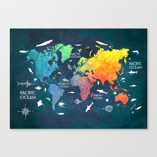 Ocean World Map color #map #worldmap Canvas Print