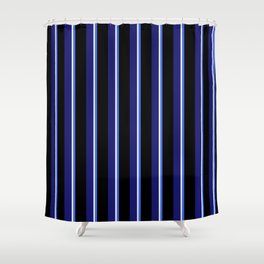 [ Thumbnail: Royal Blue, Black, Midnight Blue & White Colored Striped Pattern Shower Curtain ]