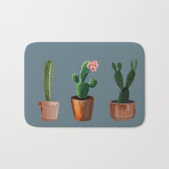 Three Cacti On Blue Background Bath Mat