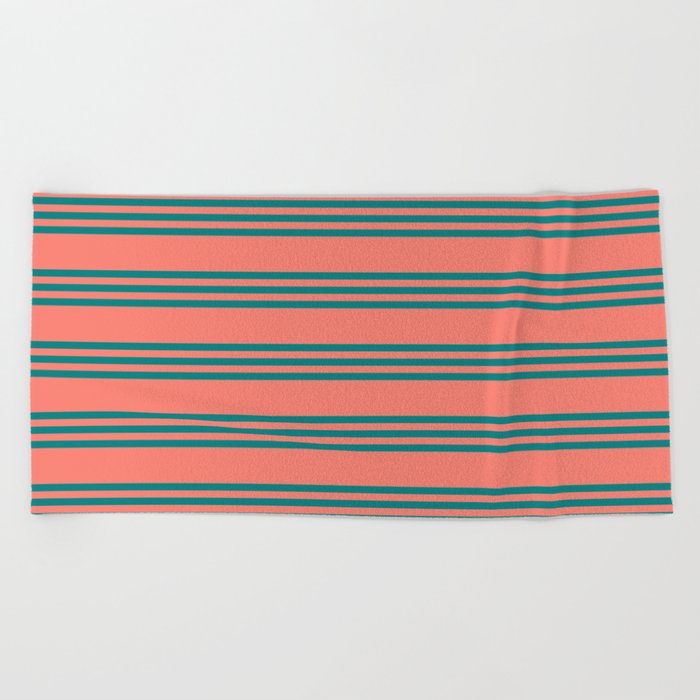 Salmon and Teal Colored Striped/Lined Pattern Beach Towel