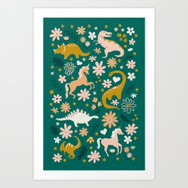 Dinosaur + Unicorns on Emerald Art Print