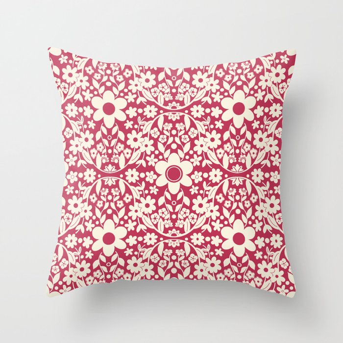 Boho Detailed Daisy Floral Pattern - Vivid Magenta Throw Pillow