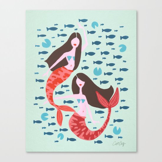 Koi Mermaids on Mint Canvas Print