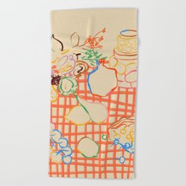 SUMMER FRUIT STILL LIFE Beach Towel | Table, Summer, Breakfast, Cottage, Chalk Charcoal, Drawing, Curated, Pomegranate, Gingham, Lemon 